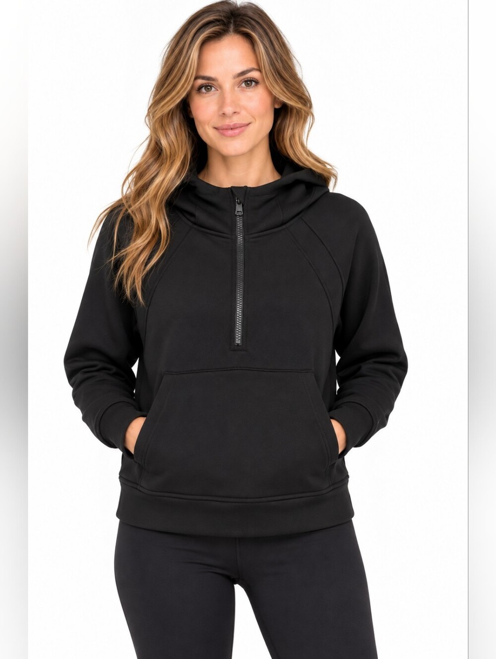 LASLULU Black Scuba Fleece Half Zip Hooded Pullover Sweatshirt Sz M Cropped Cozy